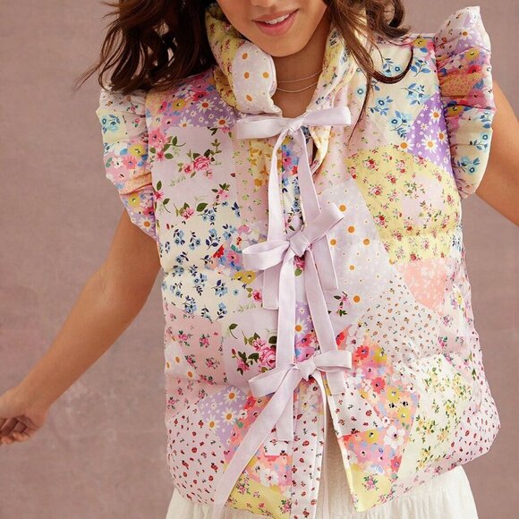 Multicolor Boho Women's flower Print Cute Bow Front Puffer Vest jacket - Picture 3 of 5